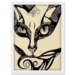 Artery8 Abstract Boho Portrait Cat Sketch Cat Tribal Intricate Artwork Framed Wall Art Print A4 in White - thumbnail 1