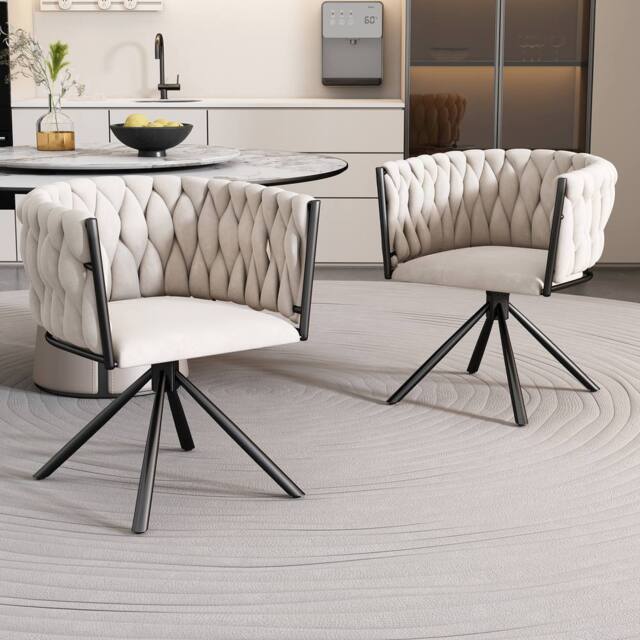 BTM Set of 1/2/4/6 Velvet Swivel Chair with Metal Support Legs in Beige - Size: 1 Pack - image 1
