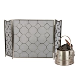 Dibor Vintage Style Pewter Footed Fire Screen Guard H63cm x W106cm with Coal & Log Storage Bucket & Shovel in Silver