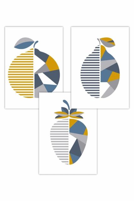 ARTZE Set of 3 Geometric Fruit Strawberry Blue Yellow Art Posters in Mid Blue - Size: W30 cm x H42 cm - image 1