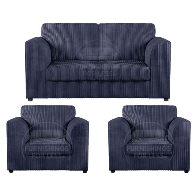 Furnishings For Less UK Luxor Jumbo Cord 2 + 1 + 1 Fabric 3 Piece Sofa Suite - Fullback in Navy - image 1