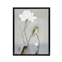 "Artery8 Kingfisher With Lotus Flower Framed Canvas Wall Art Print Ohara Koson in Grey - Size: W12"" x H16""" - thumbnail 1