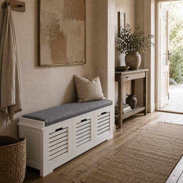 Wyld Haus Vesava White 3 Drawer Slatted Shoe Bench with Grey Padded Seat - image 1