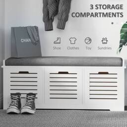Wyld Haus Vesava White 3 Drawer Slatted Shoe Bench with Grey Padded Seat - thumbnail 4