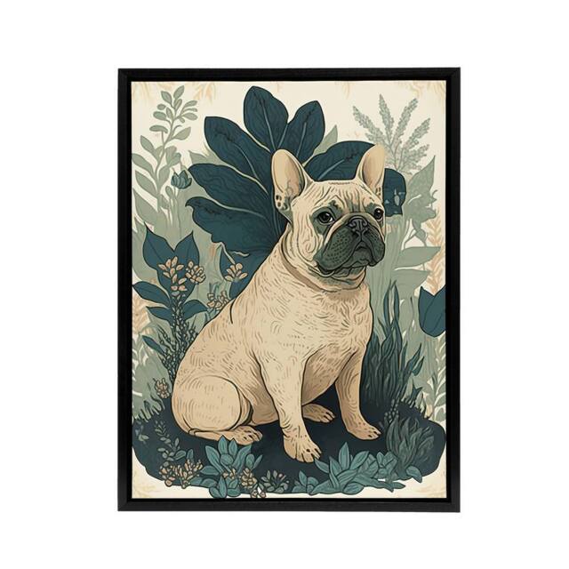 "Artery8 French Bulldog & Tropical Plants Framed Canvas Wall Art Print in Blue - Size: W12"" x H16""" - image 1
