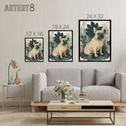 "Artery8 French Bulldog & Tropical Plants Framed Canvas Wall Art Print in Blue - Size: W12"" x H16""" - thumbnail 4