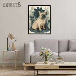 "Artery8 French Bulldog & Tropical Plants Framed Canvas Wall Art Print in Blue - Size: W12"" x H16""" - thumbnail 3