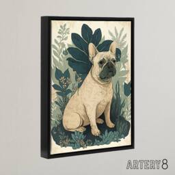 "Artery8 French Bulldog & Tropical Plants Framed Canvas Wall Art Print in Blue - Size: W12"" x H16""" - thumbnail 2
