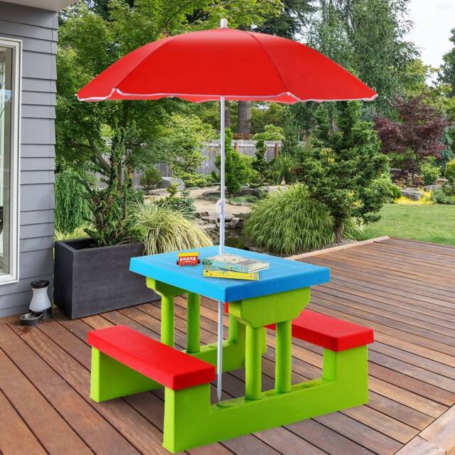 Costway Kids Picnic Table Bench Set Children Learning Eating Desk W/ Removable Umbrella - image 1
