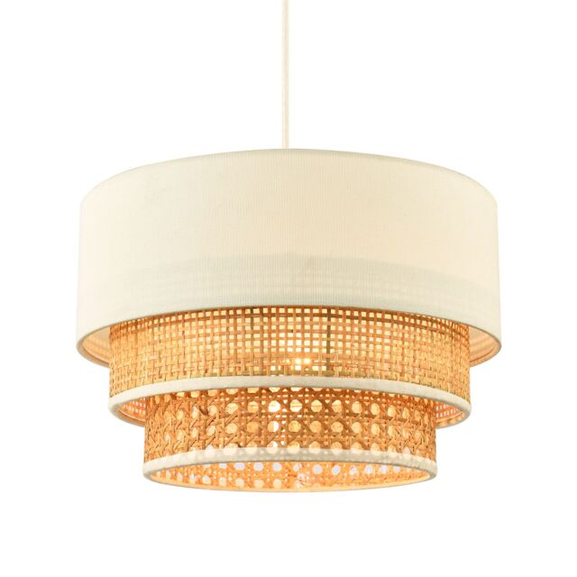 Happy Homewares Contemporary Triple Tier Cream Linen & Natural Rattan Pendant Shade in Brown - image 1