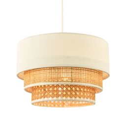 Happy Homewares Contemporary Triple Tier Cream Linen & Natural Rattan Pendant Shade in Brown