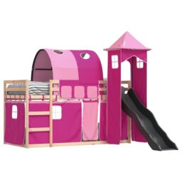 Berkfield Home Bunk Bed without Mattress with Slide & Curtains Pink 90x190 cm Single - thumbnail 4