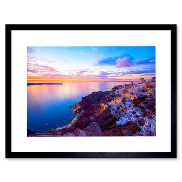 "Artery8 Photo Landscape Seascape Santorini Greece Sunset Framed Wall Art Print in Blue - Size: W12"" x H16""" - image 1
