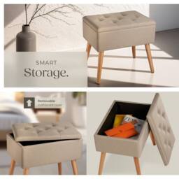 tectake Bench Ranya Upholstered Linen Look With Storage Space - 300Kg Capacity in Light Sand - thumbnail 5