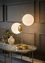 ValueLights Jas Gold Table Lamp with 2 Way White Confetti Glass Globe Shades - thumbnail 1