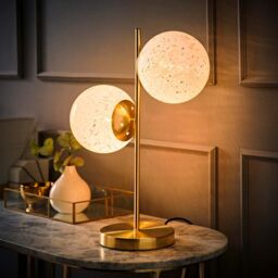 ValueLights Jas Gold Table Lamp with 2 Way White Confetti Glass Globe Shades - thumbnail 3