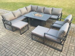 Fimous Aluminium 11 Seater Garden Furniture Outdoor Set Patio Lounge Sofa Gas Fire Pit Dining Table Set with 2 Chair 2 Big Footstools Dark Grey - thumbnail 1