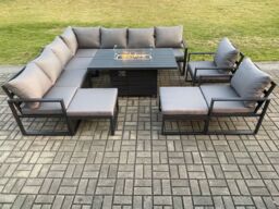 Fimous Aluminium 11 Seater Garden Furniture Outdoor Set Patio Lounge Sofa Gas Fire Pit Dining Table Set with 2 Chair 2 Big Footstools Dark Grey - thumbnail 2