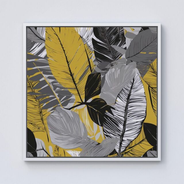 Warren Reed - Designer Grey Yellow Floral Leaves Framed Canvas in Off-White - Size: w40 inch x h40 inch - image 1