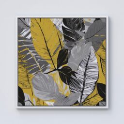Warren Reed - Designer Grey Yellow Floral Leaves Framed Canvas in Off-White - Size: w40 inch x h40 inch - thumbnail 1