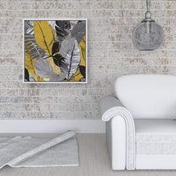 Warren Reed - Designer Grey Yellow Floral Leaves Framed Canvas in Off-White - Size: w40 inch x h40 inch - thumbnail 2