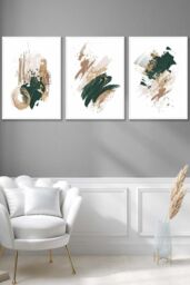 ARTZE Abstract Green Beige & Gold Oil Strokes Framed Wall Art - Large in White - Size: W53 cm x H73 cm x D20mm
