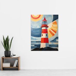 Artery8 Wall Art Print Abstract Geometric Lighthouse Oil Painting Red Orange Blue Colour Gradient Sun Rays Reflecting on Lens Poster - thumbnail 4