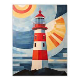 Artery8 Wall Art Print Abstract Geometric Lighthouse Oil Painting Red Orange Blue Colour Gradient Sun Rays Reflecting on Lens Poster - thumbnail 1