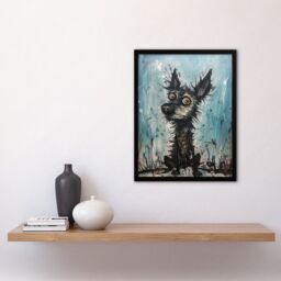 "Artery8 Wall Art Print The Curious Black Dog Thick Oil Painting By Tom Jones Art Framed in Blue - Size: W12"" x H16""" - thumbnail 4