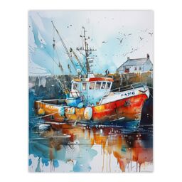 "Artery8 Fishing Boat Harbour Watercolour Classic Coastal Wall Art Print - Size: W24"" x H32""" - thumbnail 1