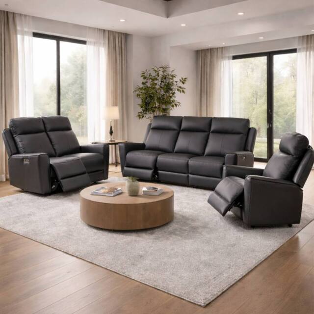Aspire Rivington Real Leather Power Recliner 3+2+1 Sofa Set with USB Charging in Charcoal - image 1