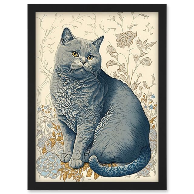 Artery8 William Morris Inspired Cat Portrait with Flowers Modern Illustration Artwork Framed Wall Art Print A4 in Black - image 1