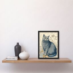 Artery8 William Morris Inspired Cat Portrait with Flowers Modern Illustration Artwork Framed Wall Art Print A4 in Black - thumbnail 2