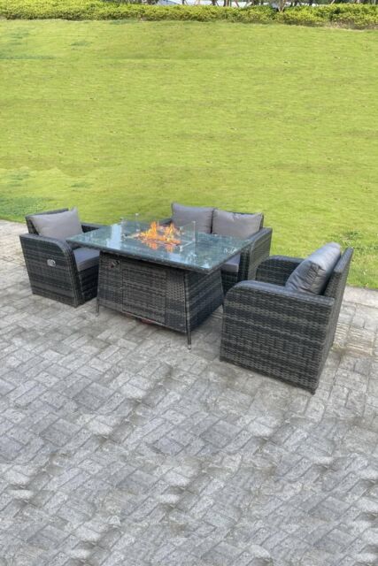 Fimous Rattan Outdoor Gas Fire Pit Table Sets Gas Heater Love Sofa Adjustable Chairs in Dark Grey - image 1