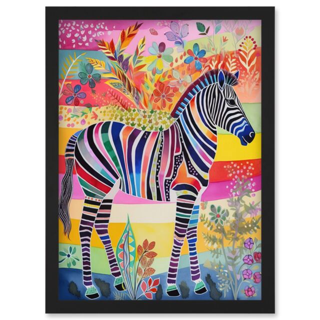 Artery8 Zebra Rainbow Floral Abstract Folk Art Artwork Framed Wall Art Print A4 in Black - image 1