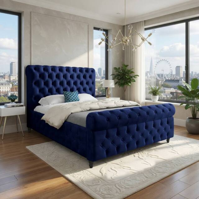 Casani Steeton Sleigh Upholstered Blue Soft Velvet Designer Bed Frame - Size: Single - image 1
