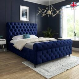 Casani Steeton Sleigh Upholstered Blue Soft Velvet Designer Bed Frame - Size: Single - thumbnail 5