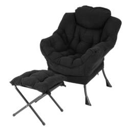 Costway Upholstered Lazy Chair Modern Accent Chair w/ Ottoman & Side Pocket in Black