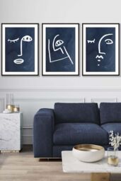 ARTZE Set of 3 Black Framed Navy & White Abstract Line Art Faces Wall Art - Size: W33 cm x H45 cm x D20mm - thumbnail 1