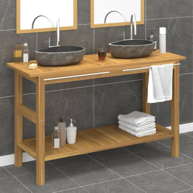 Berkfield Home Bathroom Vanity Cabinet with River Stone Sinks Solid Wood Teak in Black - image 1