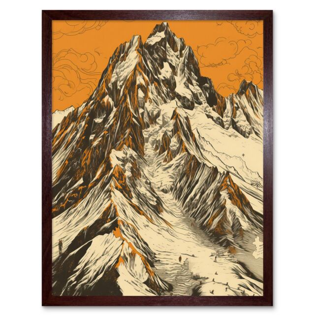 "Artery8 Wall Art Print K2 Mountain Peak Summit Climbers White & Orange Art Framed in Brown - Size: W12"" x H16""" - image 1
