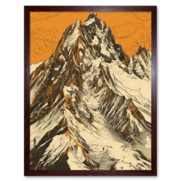 "Artery8 Wall Art Print K2 Mountain Peak Summit Climbers White & Orange Art Framed in Brown - Size: W12"" x H16""" - thumbnail 1