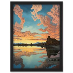 Artery8 Atmospheric Cloud Reflections Early Morning Dawn at Mono Lake Modern Watercolour Painting Artwork Framed Wall Art Print A4 in Black - thumbnail 1