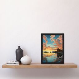 Artery8 Atmospheric Cloud Reflections Early Morning Dawn at Mono Lake Modern Watercolour Painting Artwork Framed Wall Art Print A4 in Black - thumbnail 2
