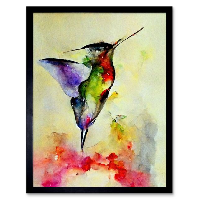 "Artery8 Wall Art Print Elegant Hummingbird Abstract Watercolour Art Framed in Black - Size: W12"" x H16""" - image 1