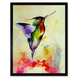 "Artery8 Wall Art Print Elegant Hummingbird Abstract Watercolour Art Framed in Black - Size: W12"" x H16""" - thumbnail 1