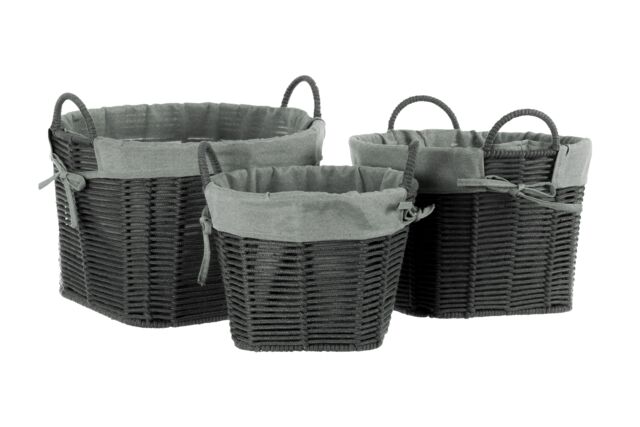 Orsina Set Of Three Grey Round Storage Baskets, Cotton Rope Basket With Liner For Laundry, Wire Frame Baskets - image 1