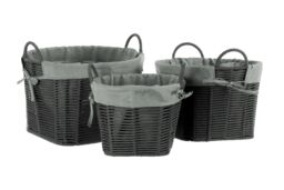Orsina Set Of Three Grey Round Storage Baskets, Cotton Rope Basket With Liner For Laundry, Wire Frame Baskets