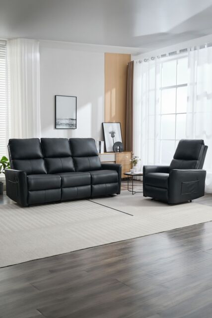 More4Homes Madrid 1+3 Seater Manual Air Leather Recliner Sofa Set in Black - image 1