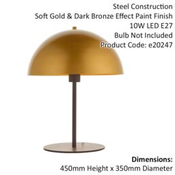 Loops 2 PACK Dark Bronze Table Lamp - Gold Painted Metal Dome Shade - Side Table Light - thumbnail 2